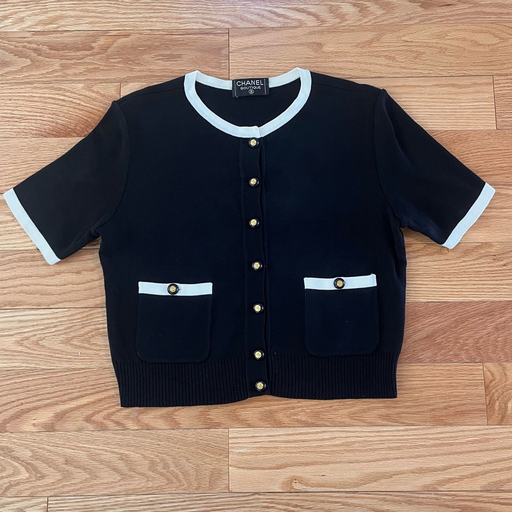 RARE Vintage Chanel blouse. Knit button down w/ pockets. Authentication verified